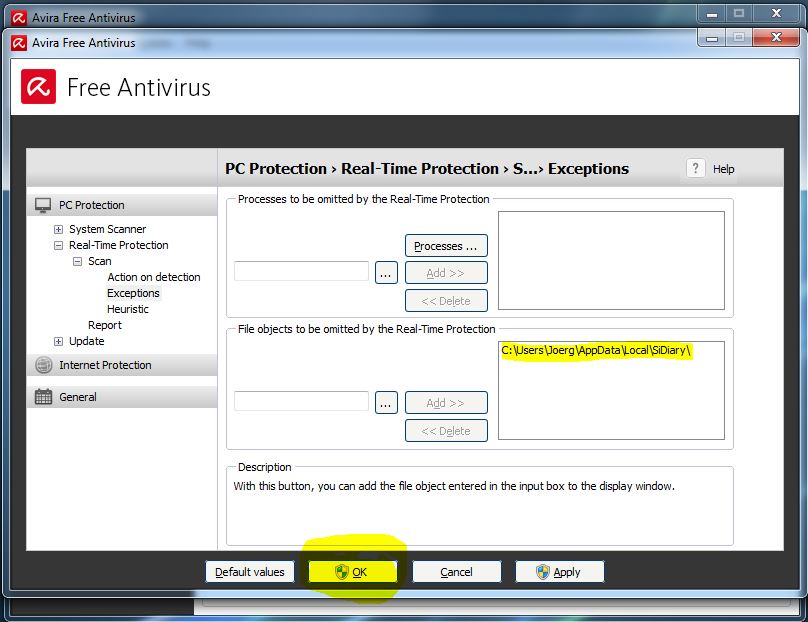 Antivirus confirm exception